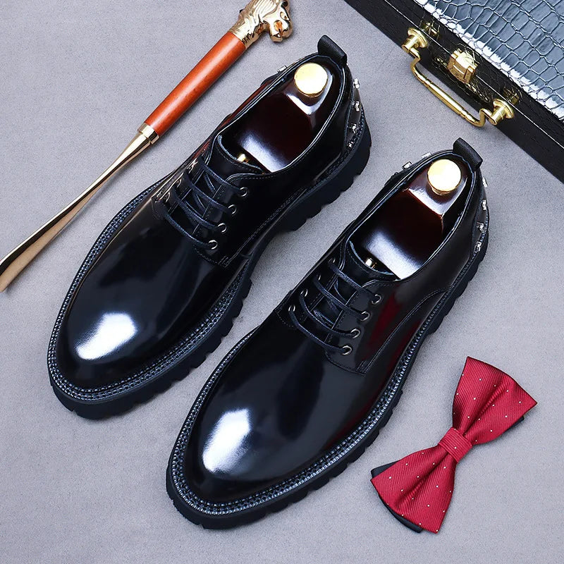 Men's New Business Dress Shoes | Sophisticated Thick-Sole Cowhide Derby Shoes | Elegant "Handmade Genuine Leather" Silhouette | "Dignified" Round Toe Wedding Shoes for Radiant Versatile Office & Career Styling Luxegan