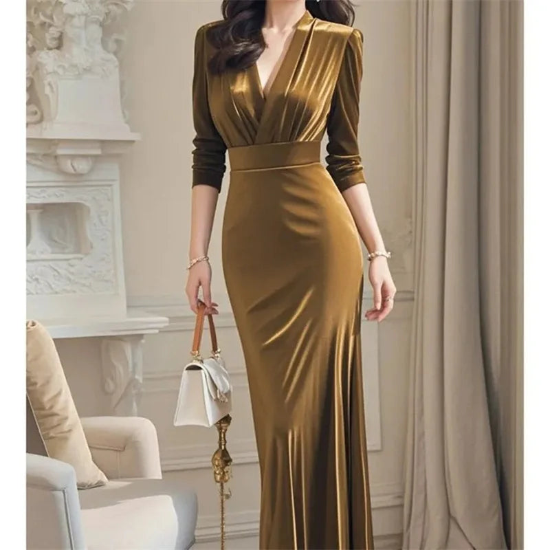 Solid Casual V-Neck Full-Length Sleeve Regular Fit A-Line Ankle-Length Dress – Slight-Stretch Cotton-Polyester Blend, Natural Waist, Autumn/Winter Luxegan