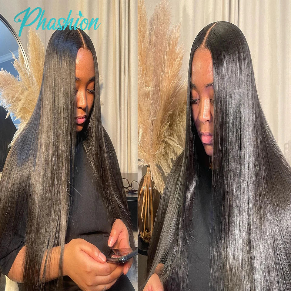 Phashion 2/3 Remy Straight Human Hair Bundles With 2X6 Transparent Lace Closure Brazilian Weave Pre Plucked For Black Women 10A