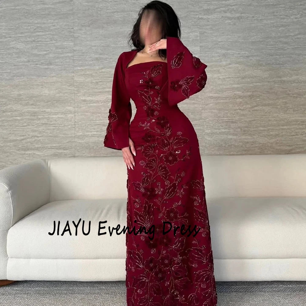 Customized Simple Burgundy Square Collar Straight Evening Dress Flower Appliques Floor Length Floor Length Party Prom Gowns