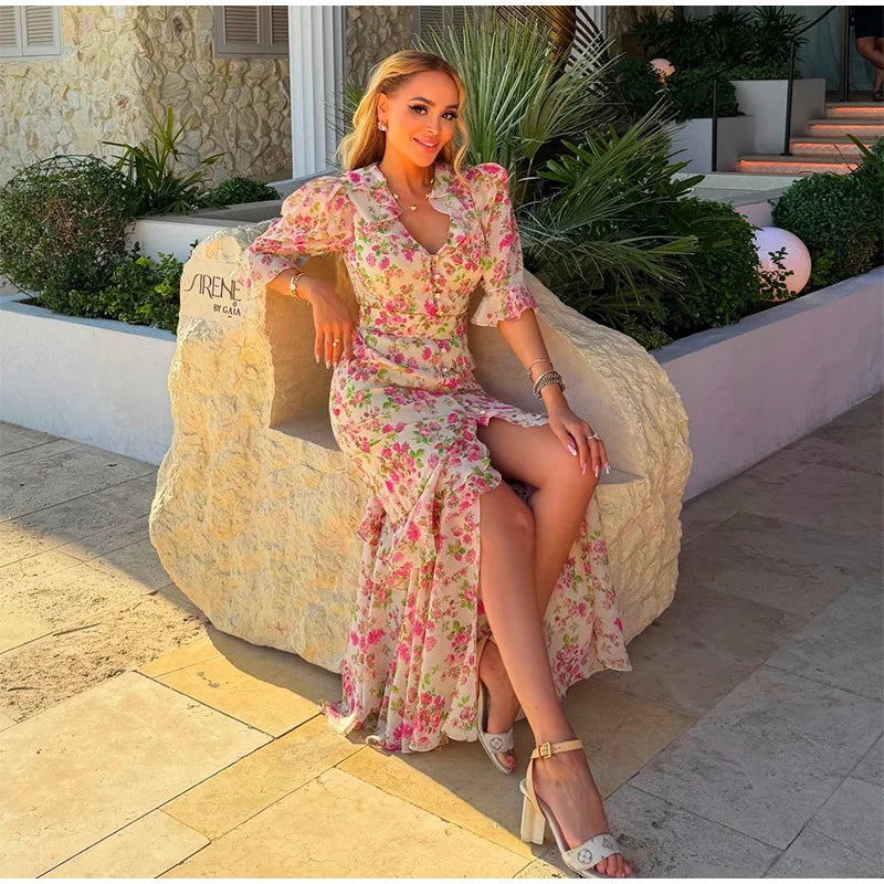 Organza Floral Printed Maxi Dress V-Neck  Puff Sleeve 2026 Spring/Summer Romantic Women Party Gown Fashion Elegant Lady Vestidos