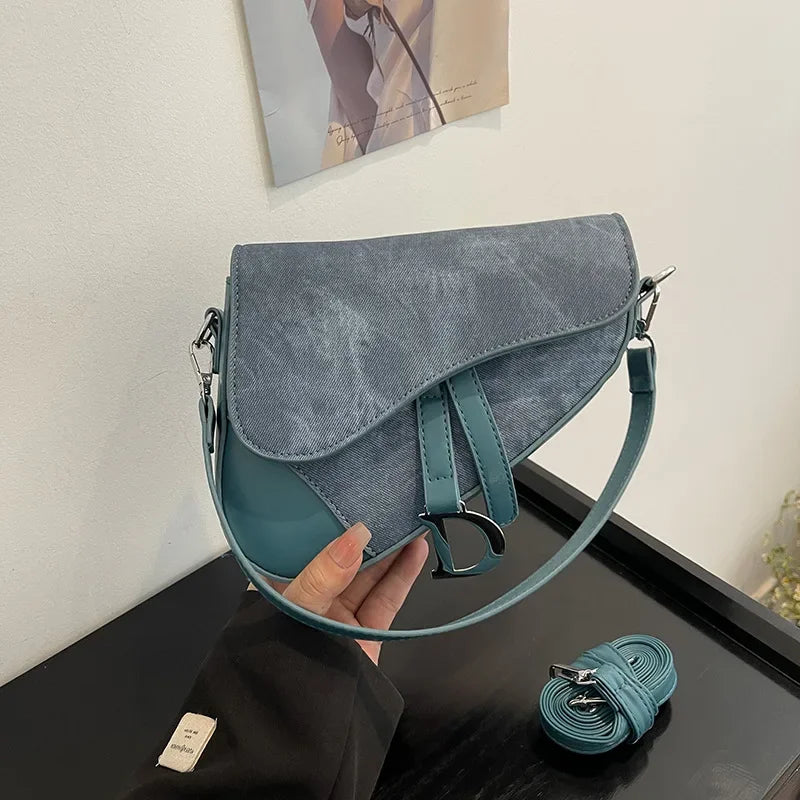 Denim-Look Contrast Saddle Bag | Fashionable Box Messenger Purse Luxegan