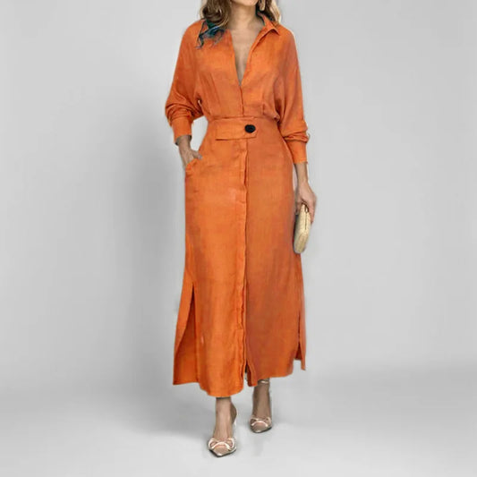 V-Neck Long Sleeve Button A-Line Loose Ankle-Length Maxi Dress | Elegant Office Lady Streetwear Shirt Dress Luxegan