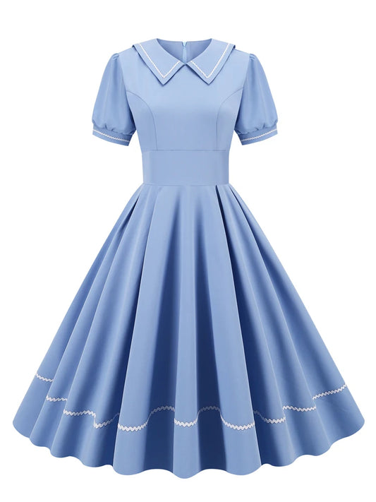 Sailor Collar Short Sleeve Pleated High Waist A-Line Swing Dress | Vintage Elegant Evening Dress Luxegan