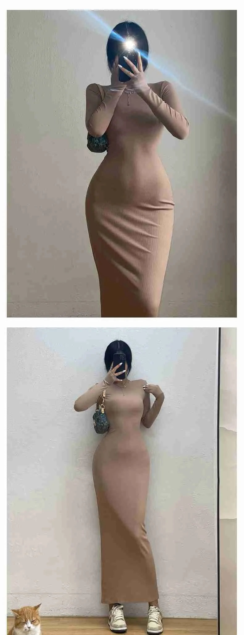 Women's Elegant High Street Long Sleeve Maxi Dress | Simple Korean Style Slim Fit Ankle-Length Robe | Soft Autumn/Winter Solid Color A-Line Gown | Premium Ruffle Empire Waist Model Carbon Ash Luxegan