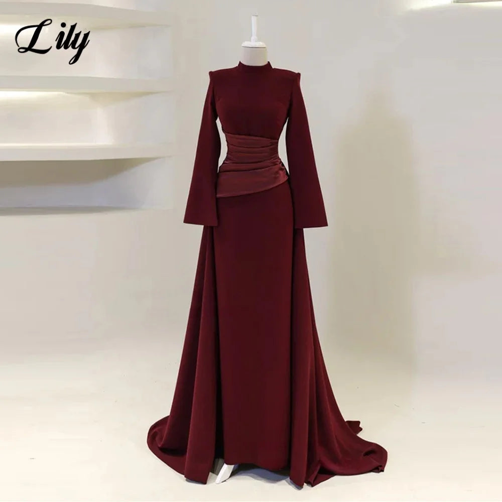 Lily Burgundy Elegant Prom Dresses High-Neck Long Sleeves Mermaid Evening Dresses Satin Muslim Formal Gowns Dubai  Customized