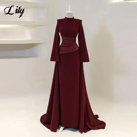Vestidos de fiesta elegantes de color borgoña con cuello alto, manga larga, estilo sirena, de satén musulmán, vestidos de noche formales de Dubái personalizados
