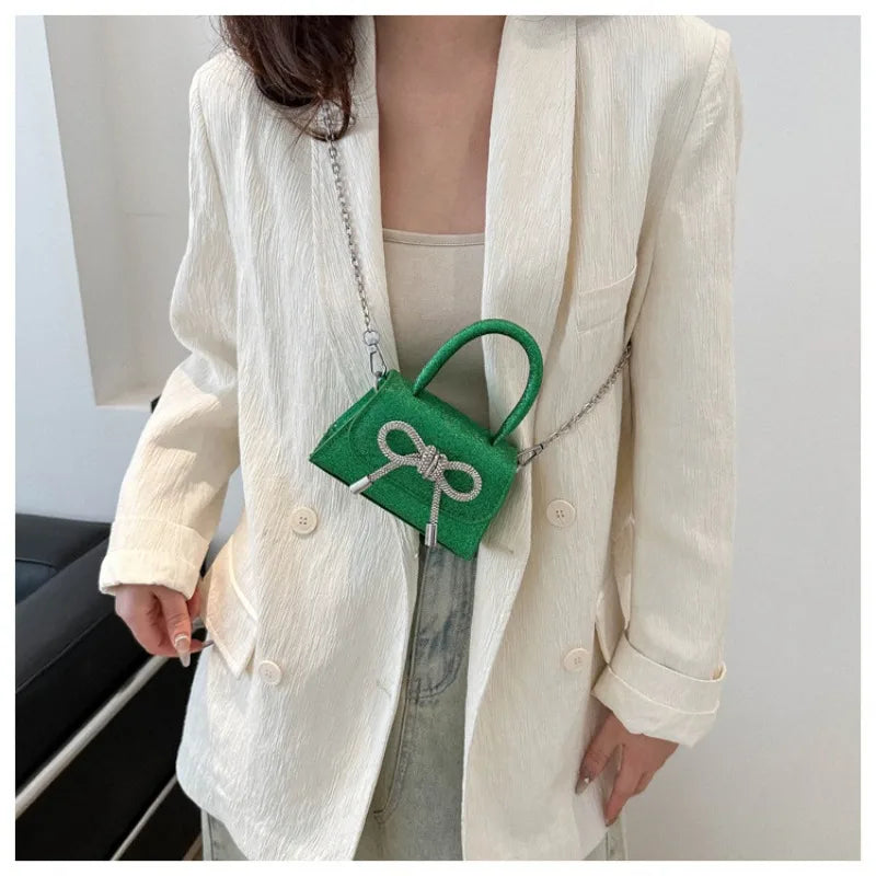 Glitter Small Square Handbag | PU Leather Bow Design Shoulder Bag