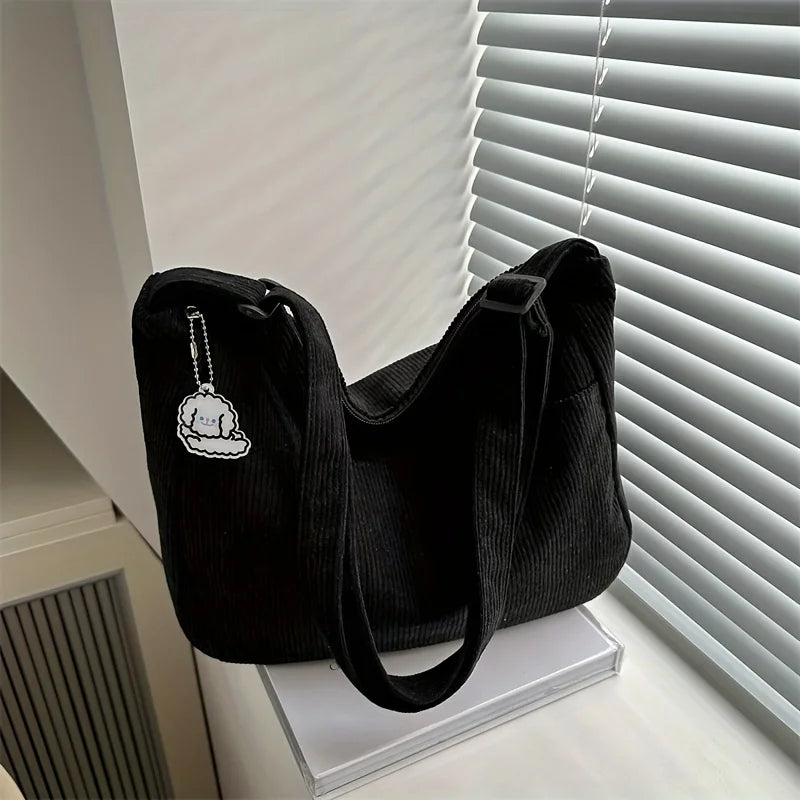 Women's Corduroy Shoulder Bag | Casual Striped Large Capacity Tote with Zipper (Cute Hat Patch, Everyday Use) Luxegan