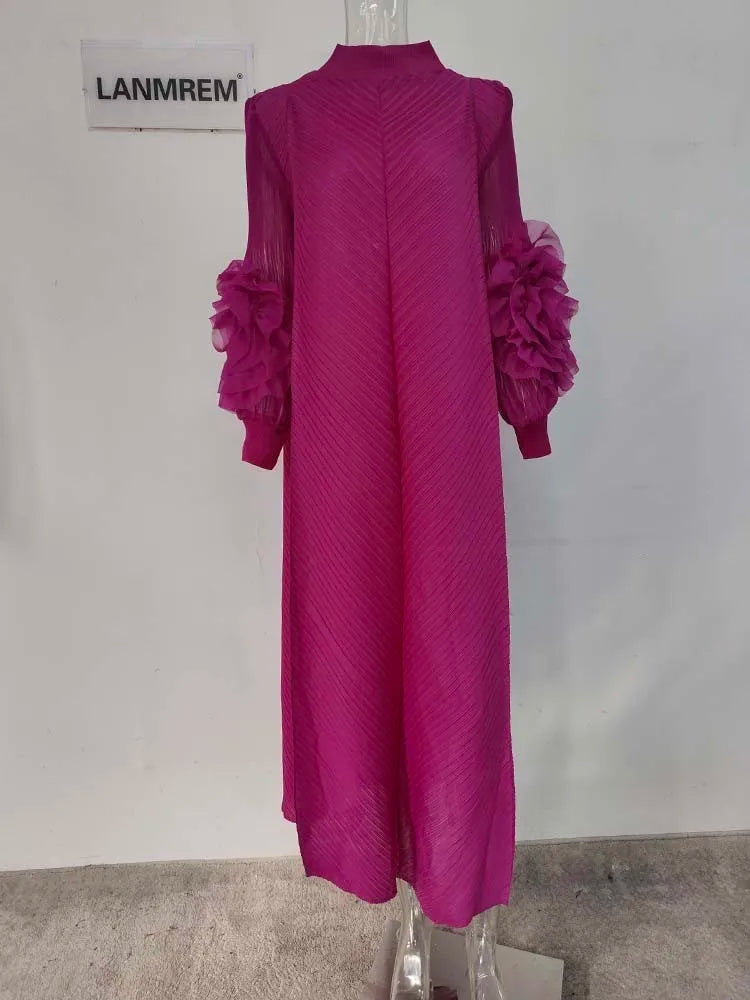 Pleated Lettuce Hem Maxi Dress | Turtleneck Full Sleeve Loose A-Line Casual Dress Luxegan