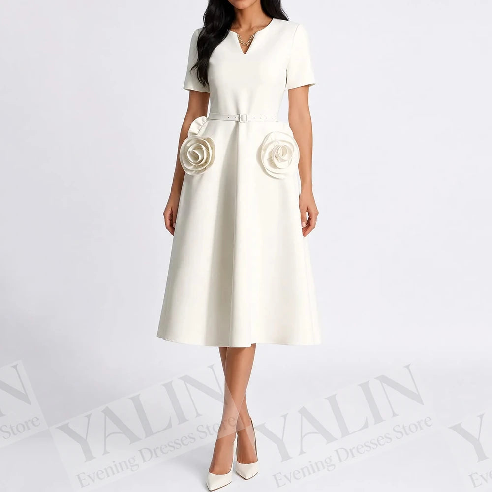 Floral Sash A-Line Prom Dress | V-Neck Short Sleeve Tea-Length Evening Gown Luxegan