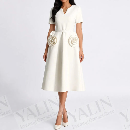 Floral Sash A-Line Prom Dress | V-Neck Short Sleeve Tea-Length Evening Gown Luxegan
