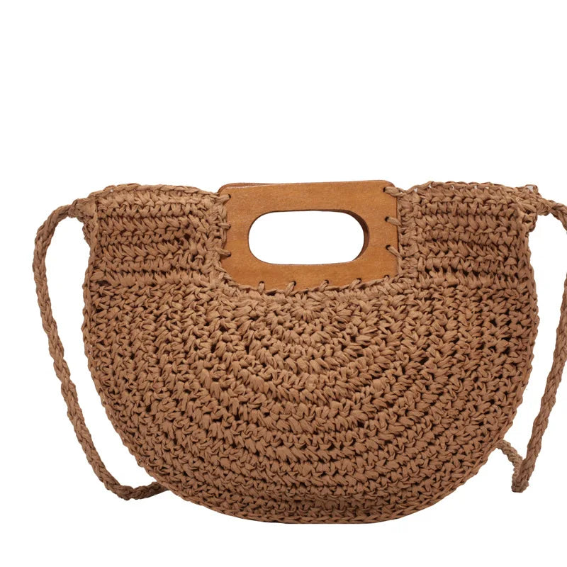 Minimalist Bohemian Half-Moon Straw Tote | Soft Rattan Beach Handbag Luxegan