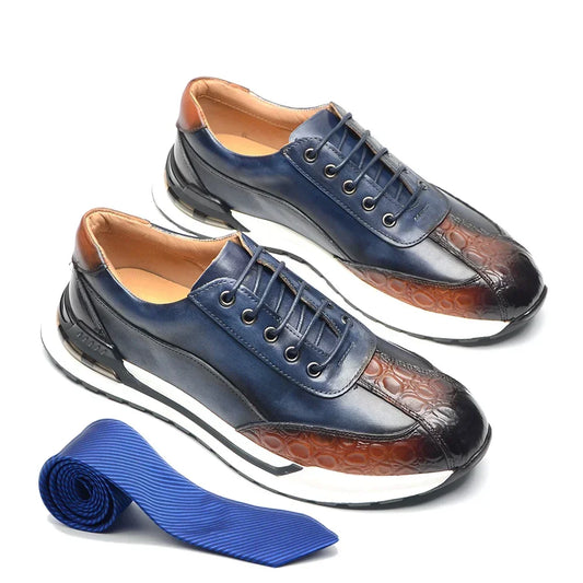 Luxury Designer Men's Genuine Leather Sneakers | Hand-Painted Trendy Double Color Crocodile Print Casual Shoes | Classic France Oxford Brogue Men's Luxury Trainers | Premium Lace-Up Breathable Adult Footwear Model S02739 Luxegan