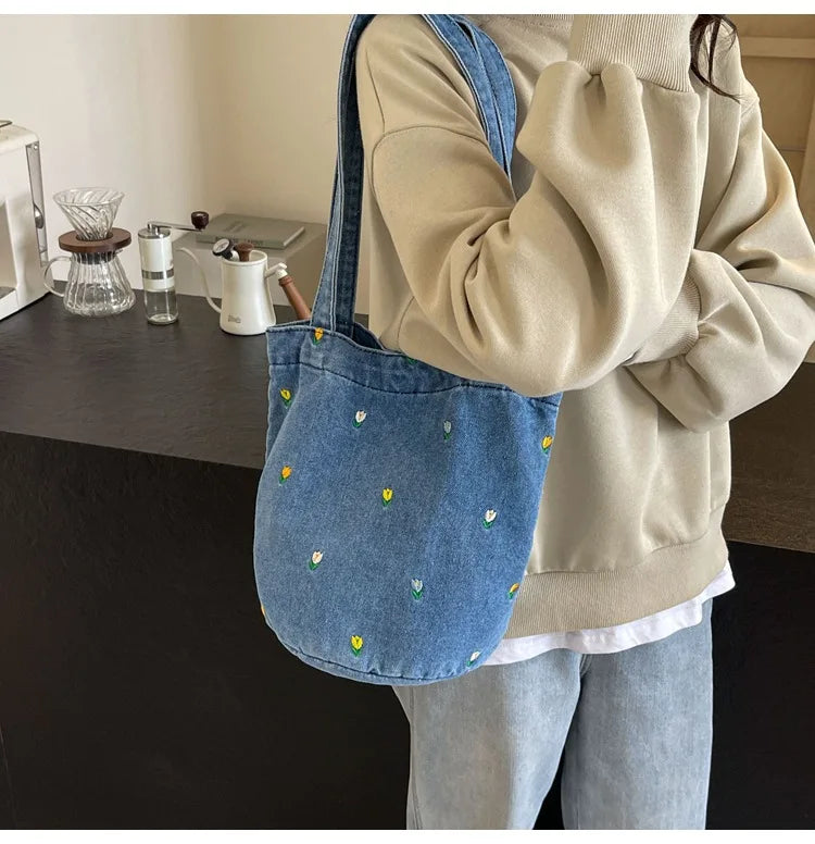 Designer Denim Bucket Bag | Vintage Floral Canvas Shoulder Bag & Crossbody | Casual Unisex Tote with Linen Lining and Hasp Closure Luxegan