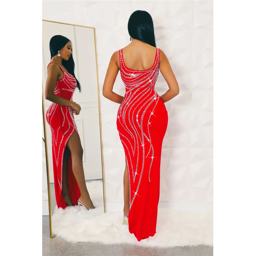 Rhinestone Patchwork V-Neck Tank Sleeveless Slim Sheath Floor-Length Club Occasion Dress – Polyester-Elastane, Empire Waist, Summer Luxegan