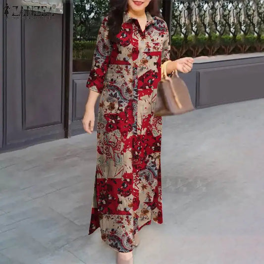 Floral Print Cotton Maxi Shirtdress | Lapel 3/4 Sleeve Oversized Boho Sundress Luxegan