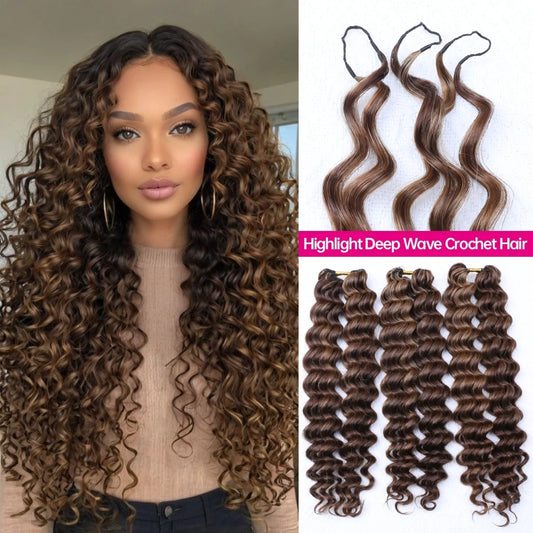 4/27 Highlight Deep Wave Crochet Human Hair Extensions | 100% Remy Brazilian Hair | 14–24 Inches Luxegan