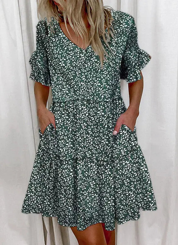 Plaid & Print V-Neck Butterfly Sleeve Regular Fit A-Line Mini Dress – Natural Waist, Spring/Summer Luxegan