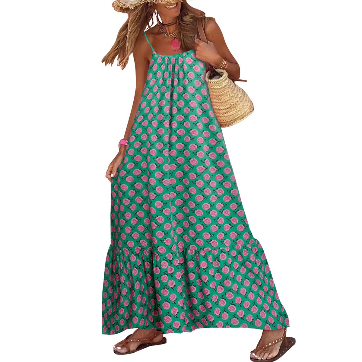 Print Slash Neck Spaghetti Strap Sleeveless Backless Loose Fit A-Line Floor-Length Dress – Slight Stretch Polyester, Empire Waist, Summer Luxegan