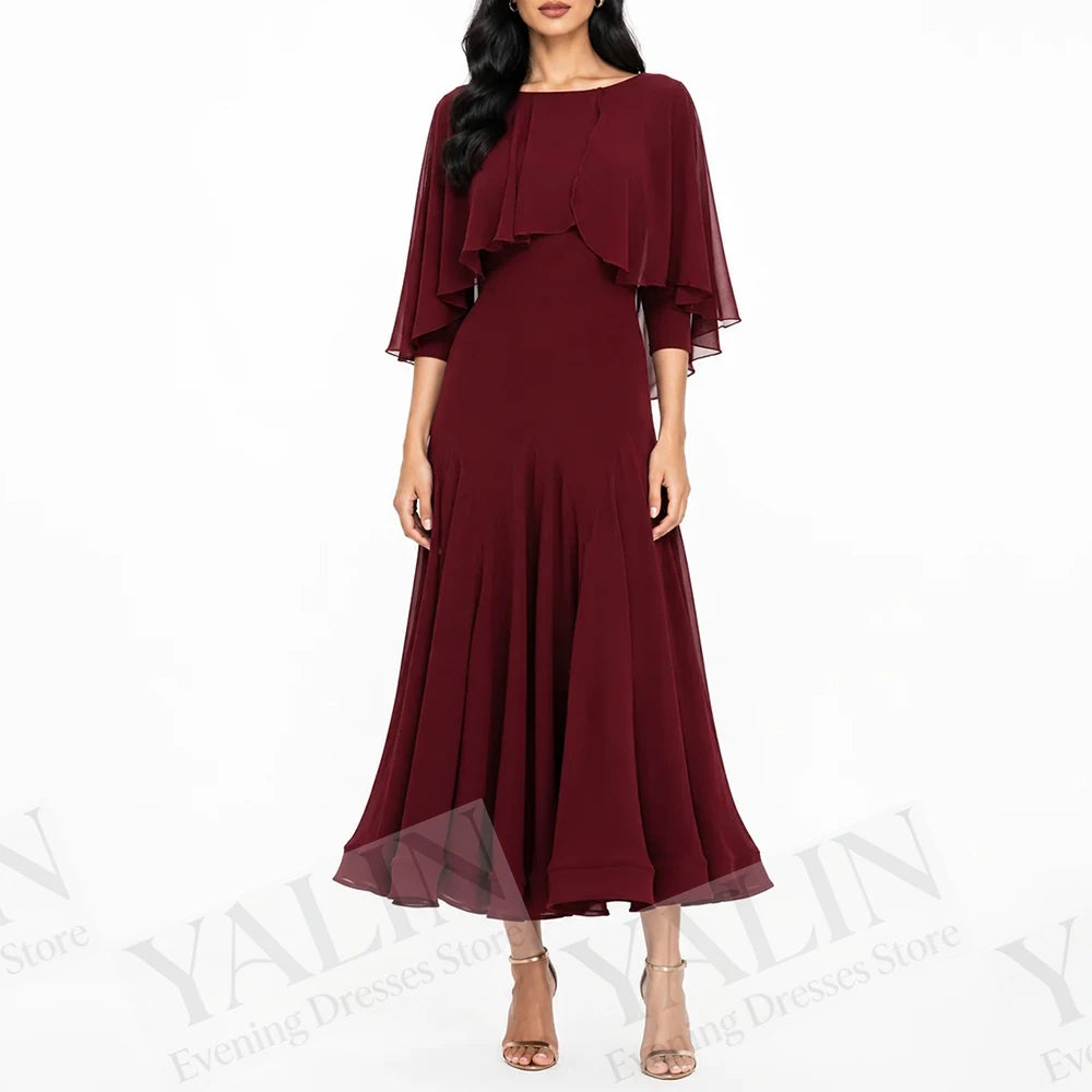 Stole Scoop-Neck Three Quarter Sleeve Tea-Length A-Line Prom Dress Luxegan