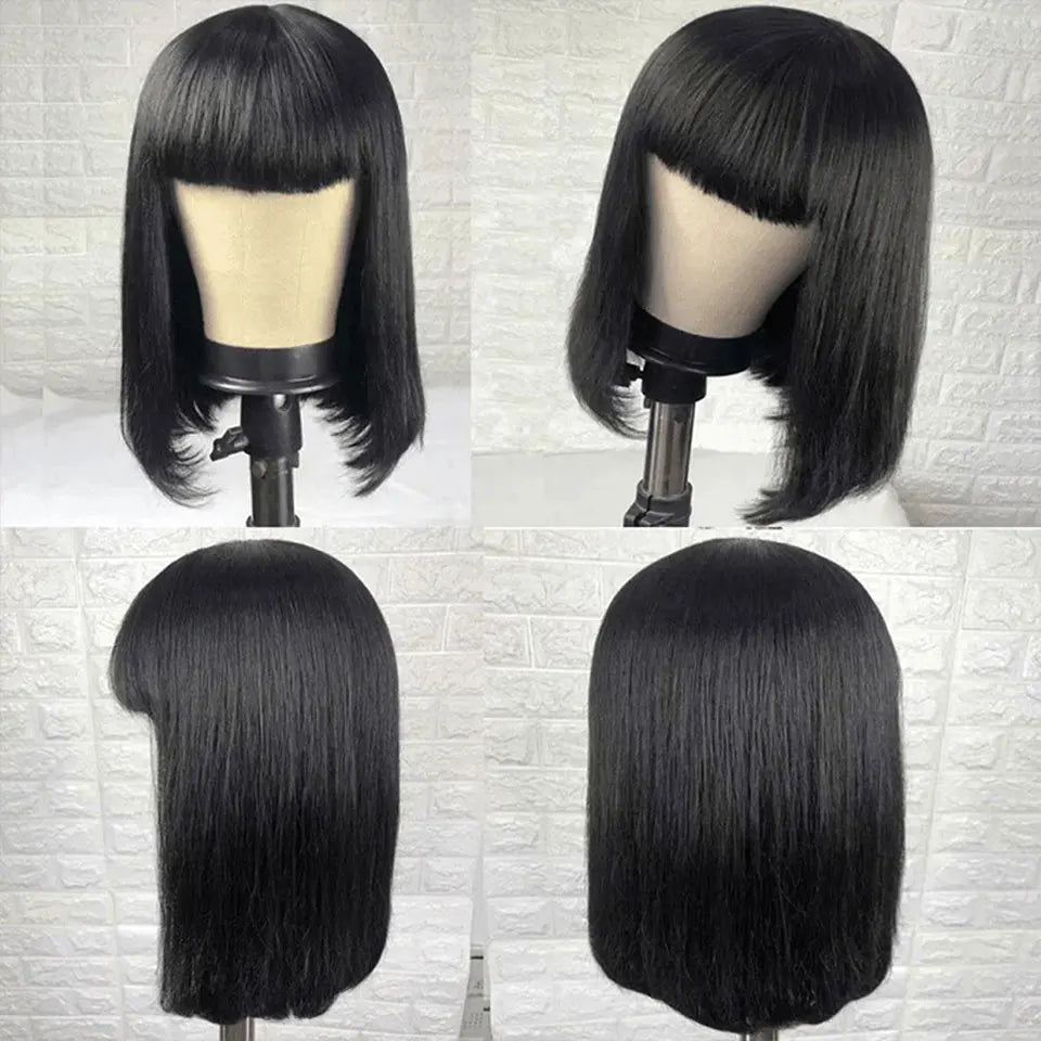 Sleek Straight Short Bob Human Hair Wig with Bangs | 180% Density Fully Machine-Made Glueless Brazilian Remy Human Hair Wig | Classic Fringe Bob for Women (8-16 Inch, Natural Color / #99J Burgundy / #30 Honey Blonde) Luxegan