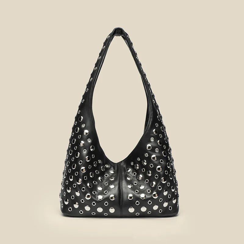 Women's Fashion Punk Metal Rivet Bucket Bag | High-End PU Suede Underarm Shoulder Tote | New Retro Trendy Motorcycle Handbag | Premium Solid Color Shoulder Bag with Hasp Closure Luxegan