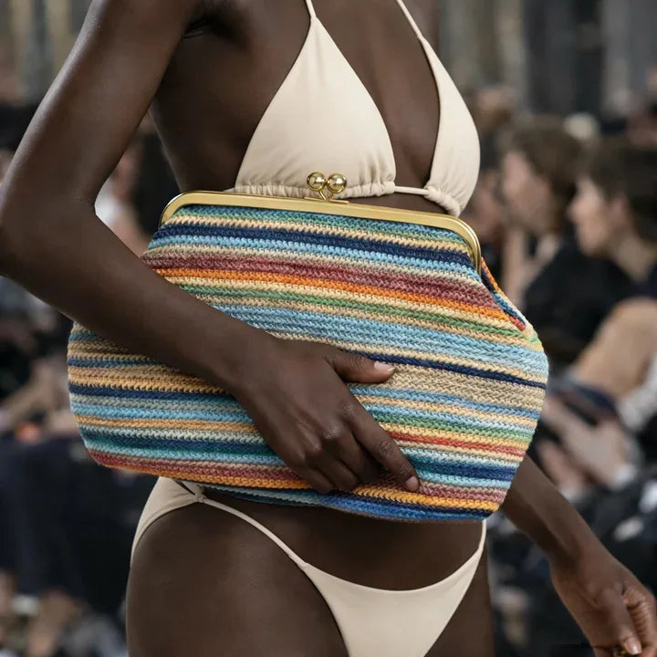 Large Striped Woven Shell Clutch | Sophisticated "Beach Vacation" Silhouette | Elegant Designer PP Straw Handbag | "Dignified" High-Performance Summer Essential for Radiant Versatile Styling Luxegan