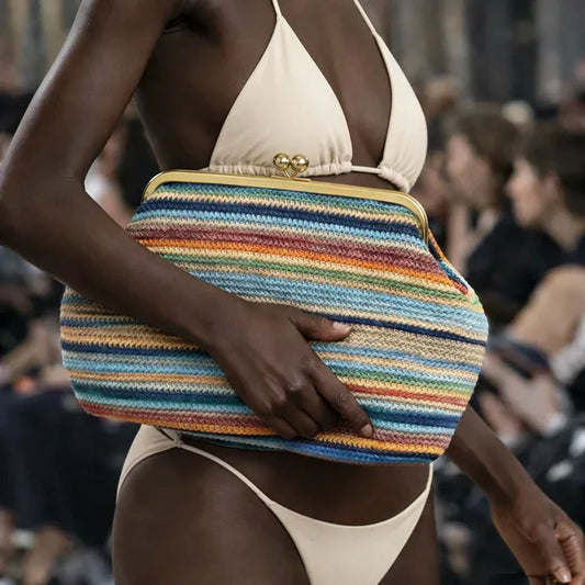 Large Striped Woven Shell Clutch | Sophisticated "Beach Vacation" Silhouette | Elegant Designer PP Straw Handbag | "Dignified" High-Performance Summer Essential for Radiant Versatile Styling Luxegan