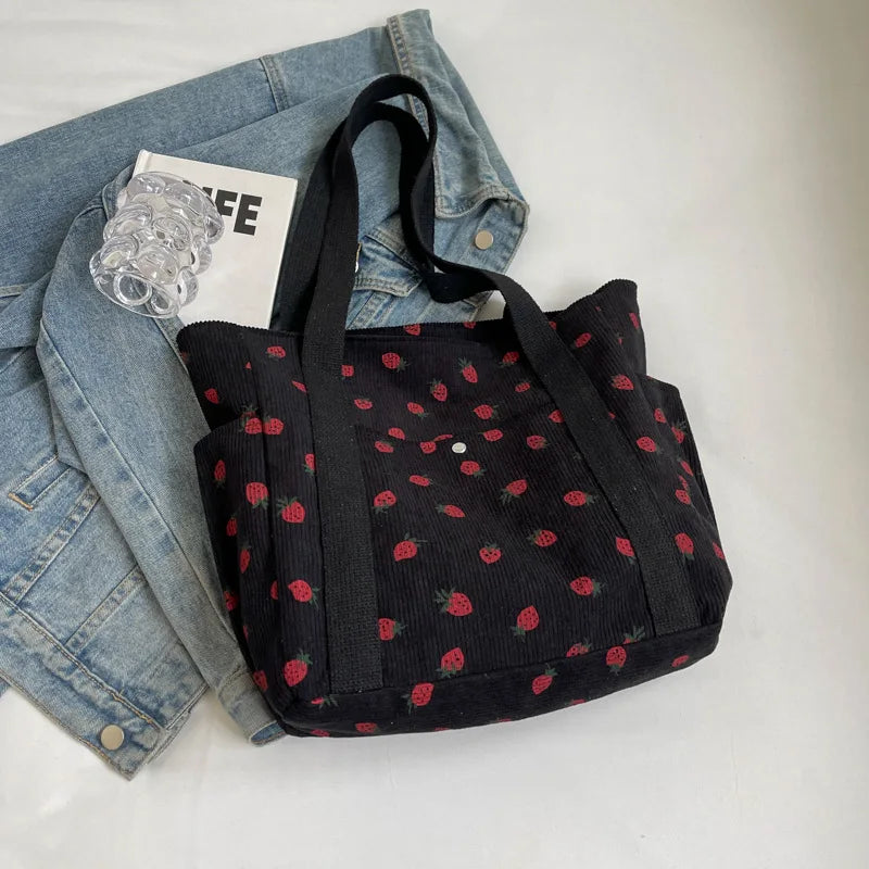 Corduroy Fruit Print Handbag | Sweet Girl Zippered Underarm Bag Luxegan