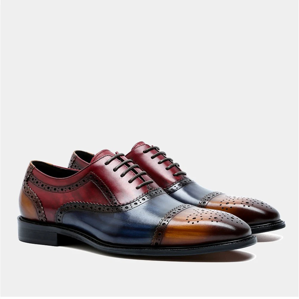 Color Block Genuine Leather Oxford Shoes | Sophisticated Tricolor Cap Toe Brogues | Elegant "Full Grain Cowhide" Silhouette | "Dignified" Gentleman’s Dress Shoes for Radiant Versatile Business & Party Styling Luxegan