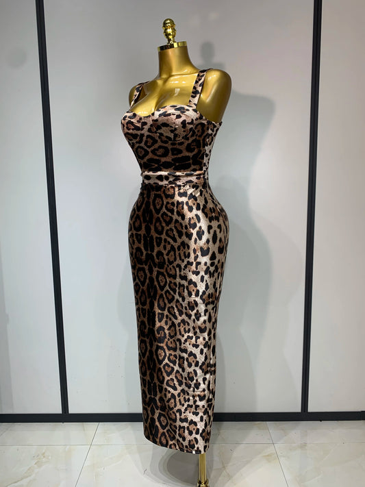 Leopard Print Bodycon Maxi Dress | V-Neck Sleeveless Slim Sheath Celebrity Evening Gown Luxegan