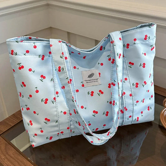 Cute Cherry & Strawberry Print Casual Tote | Sophisticated Large Capacity Nylon Shopping Bag | Elegant Aesthetic Fruit Pattern Handbag | Fashion-Forward Grocery Bag for Women with "Dignified" Soft Finish Luxegan