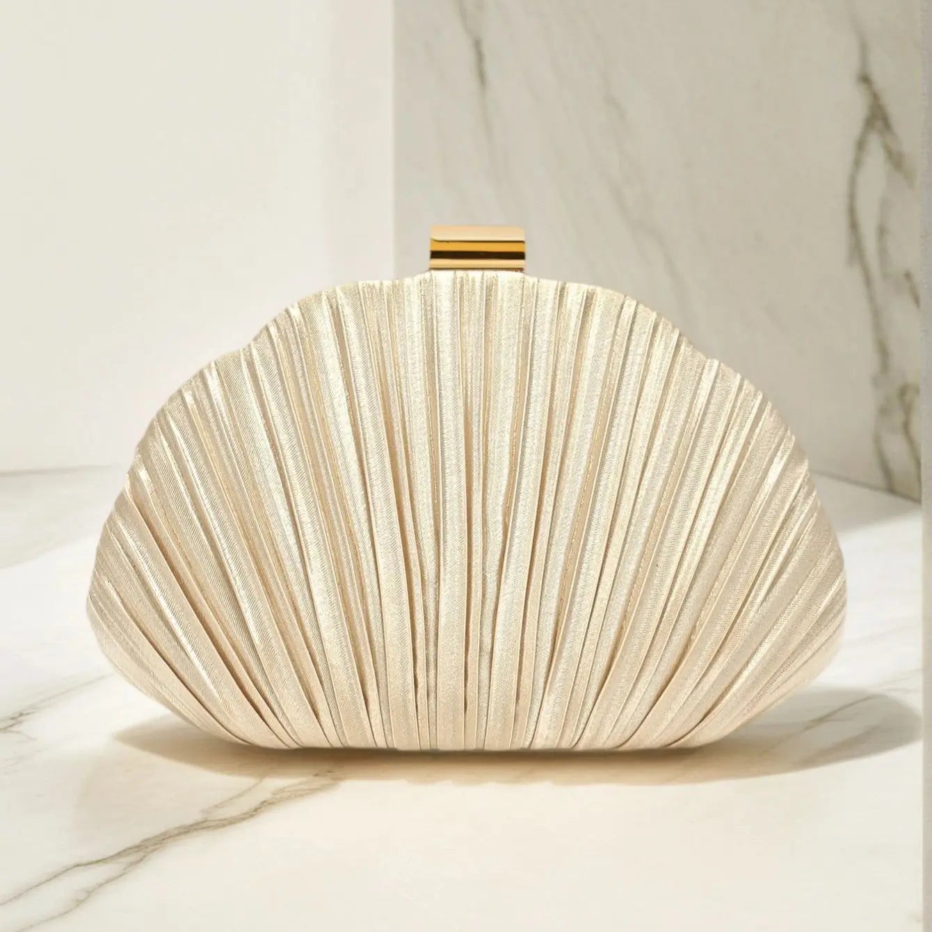 Polyester Ruched Shell Clutch | Hard Apricot Color Glitter Evening Bag Luxegan