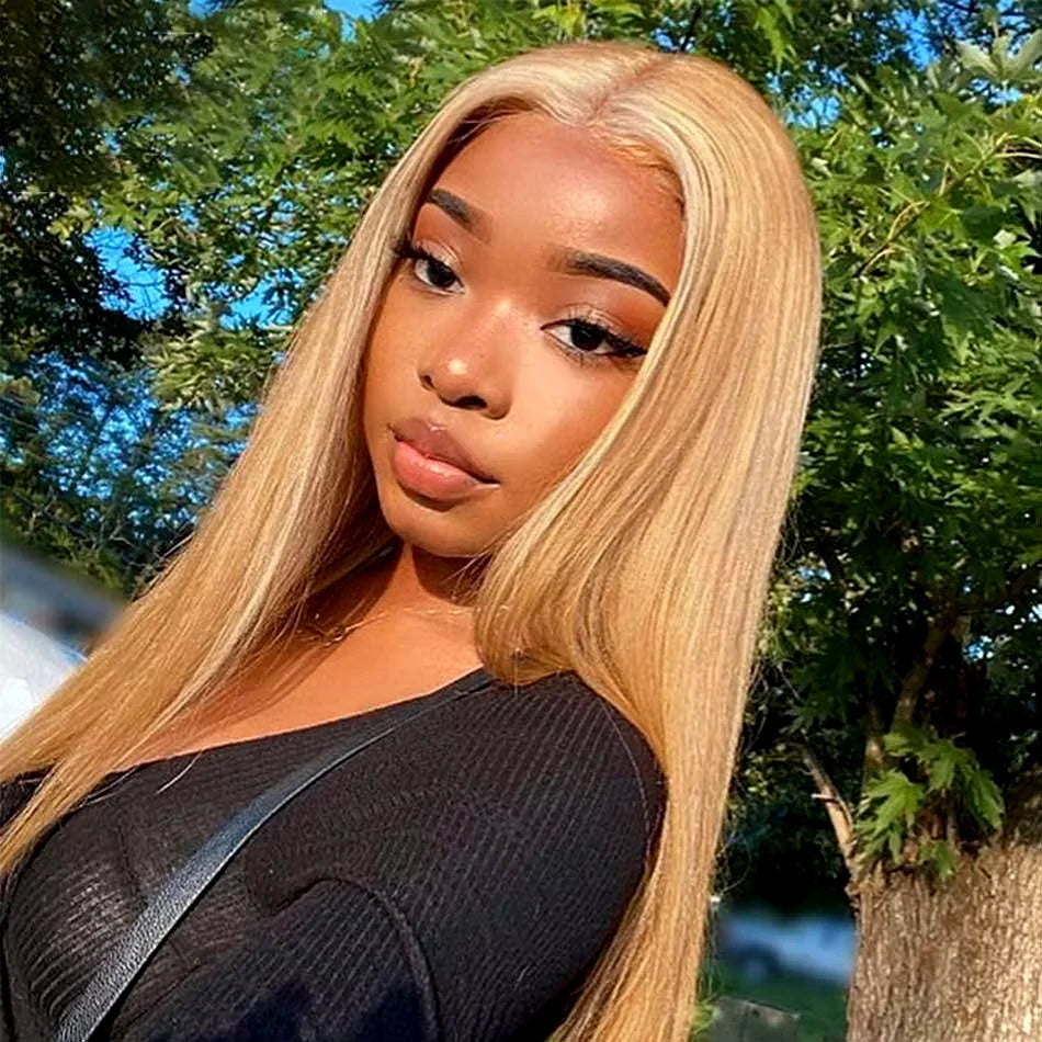 250% Density Honey Blonde Straight Wig | Sophisticated 13x6 HD Lace Frontal | Elegant #27 Colored Brazilian Human Hair | "Dignified" 26+ Inch Pre-Plucked Remy Hair for Radiant Versatile Styling Luxegan