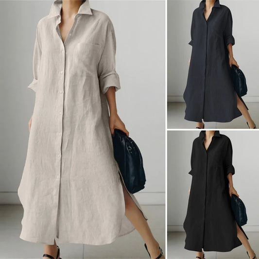 Lapel Neck Button-Down Long Sleeve Loose A-Line Midi Shirt Dress | Boho Vintage Casual Sundress Luxegan