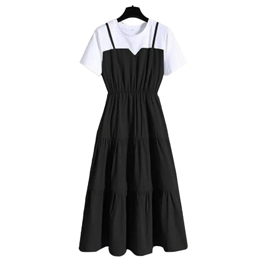 Solid Round Neck Short Sleeve Loose Fit-and-Flare Mid-Calf Dress – Elastic Waist, Spring/Summer Luxegan