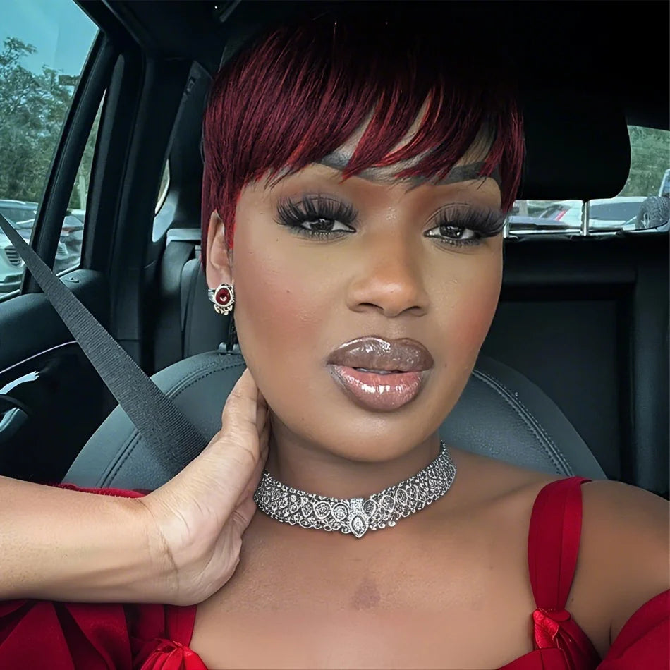 100% Human Hair Straight Short Pixie Cut Wig with Bangs | Tangle-Free Full Machine Made for Women (Natural Hairline) Luxegan