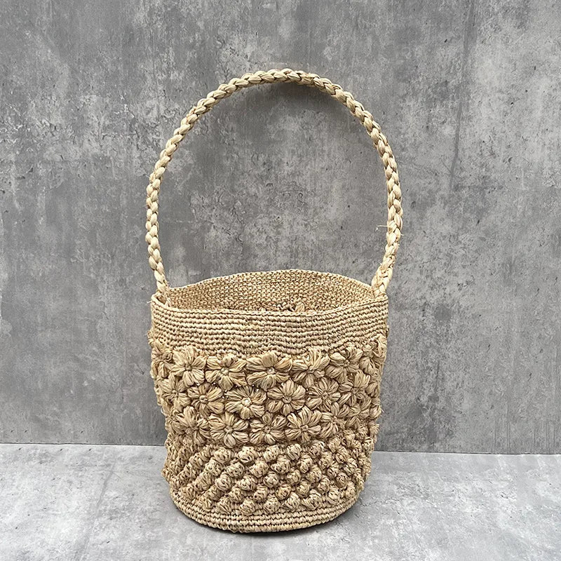 Bohemian Raffia Beach Bags for Women Bucket Bag Luxury Flower Straw Bag | Women Handbag Handmade Travel Rattan Shoulder Bags Tote Luxegan