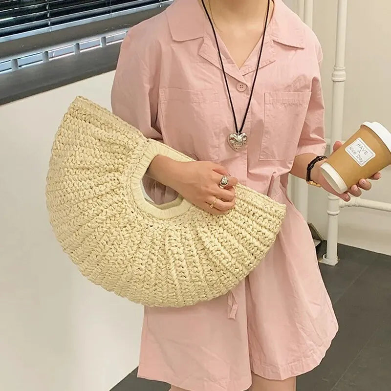 Summer Half-Moon Straw Beach Handbag | Sophisticated Handmade Rattan Handle Tote | Elegant Knitted Bohemian Shoulder Bag | Luxury Fashion-Forward Vacation Purse with "Dignified" Artisan Texture Luxegan