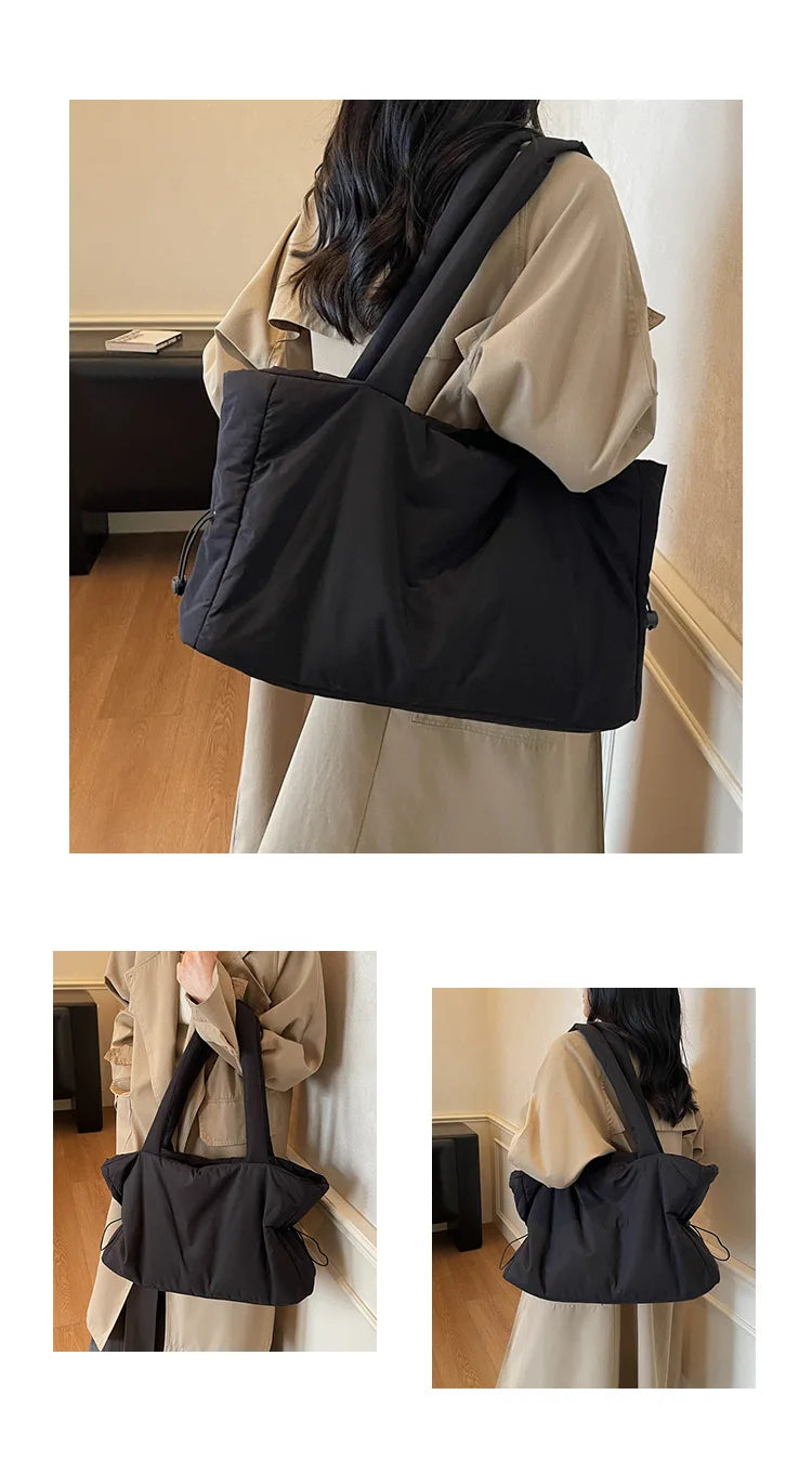 Fashion Winter Large Shoulder Bag | Simple & Practical Nylon Shopping Tote | Textured Casual Commuting Bag with Embroidery & Lace Detail Luxegan