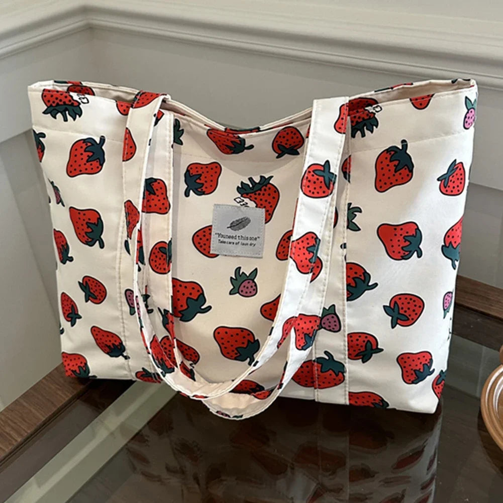 Cute Cherry & Strawberry Print Casual Tote | Sophisticated Large Capacity Nylon Shopping Bag | Elegant Aesthetic Fruit Pattern Handbag | Fashion-Forward Grocery Bag for Women with "Dignified" Soft Finish Luxegan