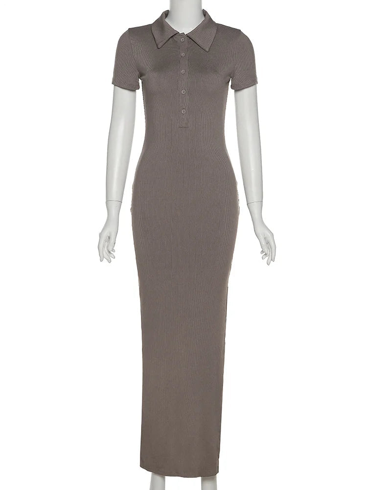 Solid Turn-Down Collar Short Sleeve Button Detail Regular Fit Sheath Midi Dress – Medium Stretch, Summer Luxegan