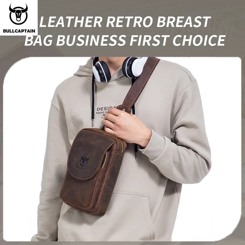 BULLCAPTAIN Bolsos cruzados para hombre de cuero Crazy Horse, bolso de pecho de cuero, bolsos cruzados retro para hombre con bolsillo de cremallera, bolso de viaje corto