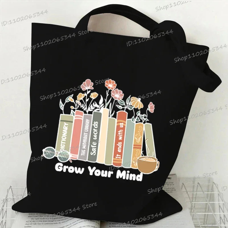 Books and Flower Print Canvas Tote | Casual Reusable Shopping Bag Luxegan