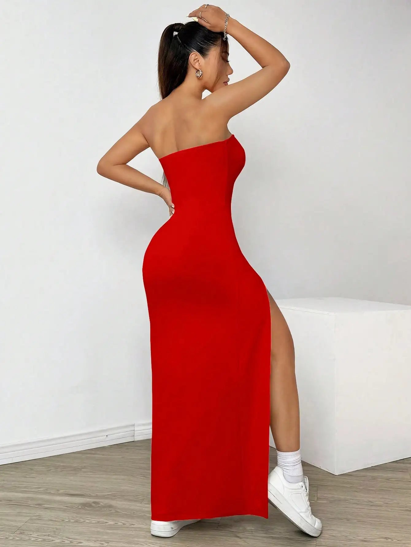 Elegant Ladies Solid Strapless Camisole Long Dress | Slim-Fit Slit Ankle-Length Chest-Wrapping Gown | Simple All-Season Basic Polyester A-Line Dress Luxegan