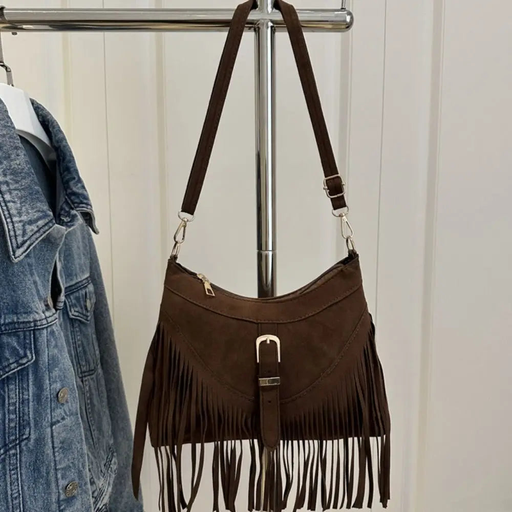 Casual Korean Tassel Shoulder Bag | Solid Color Suede & PU Leather Underarm Pack | Ethnic Bohemian Style Travel Handbag (Women) Luxegan