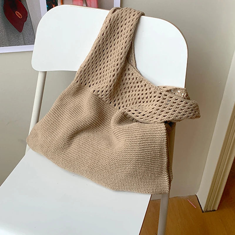 New Trend Women's Crochet Handbag | Retro Knitted Braid Solid Color Hollow Top-Handle Tote Bag (Black Khaki Shopper) Luxegan