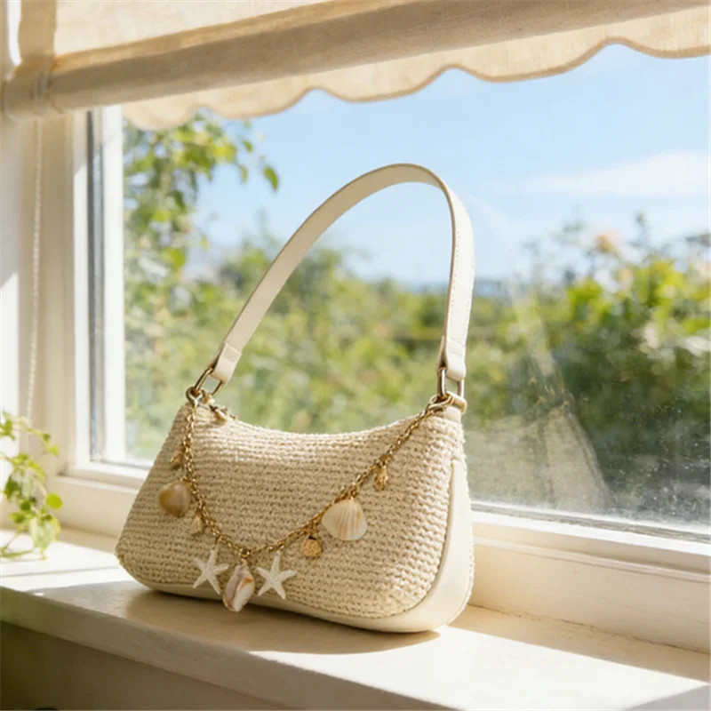 Woven Underarm Straw Bag | Sophisticated "Baguette" Silhouette | Elegant Pearl & Chain Decoration | "Dignified" High-Performance Straw Weaving Essential for Radiant Versatile Styling Luxegan