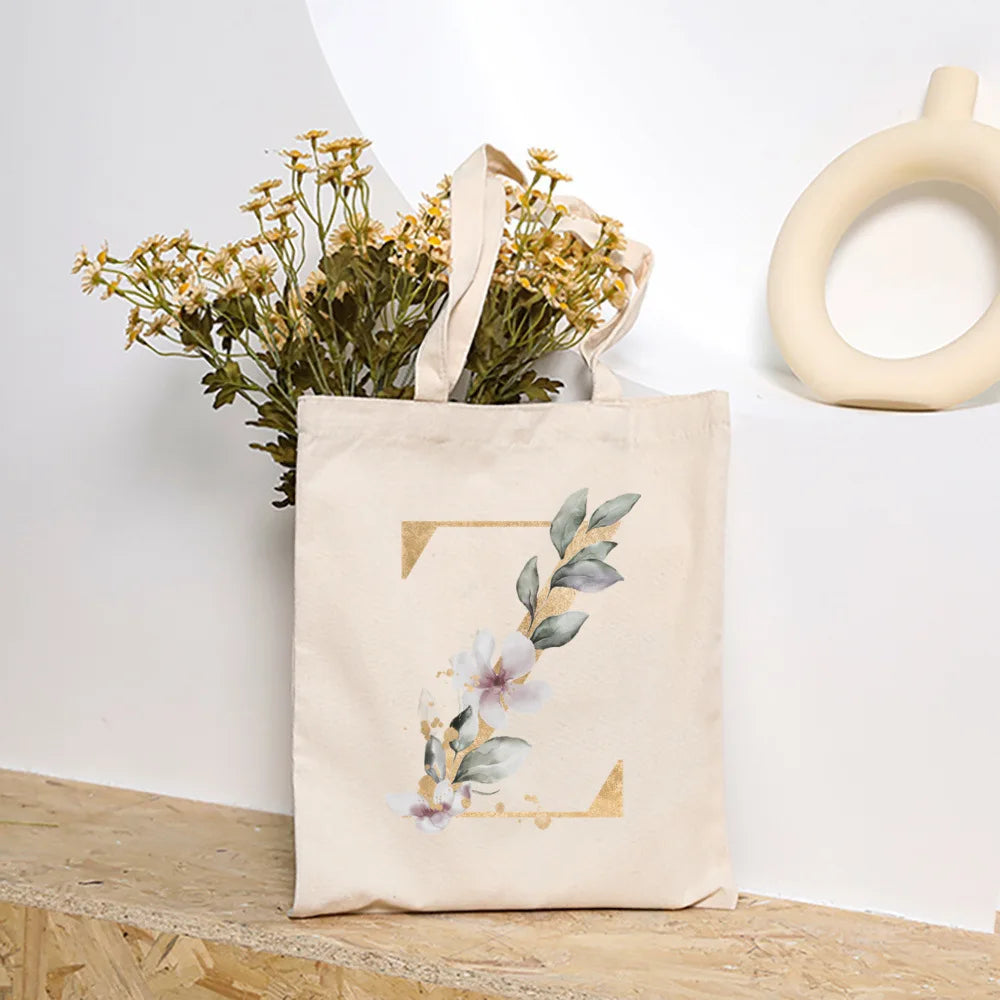 Leaves Plant Initial Print Canvas Tote Bag | Reusable Summer Beach & Shopping Handbag with Hasp Closure Luxegan